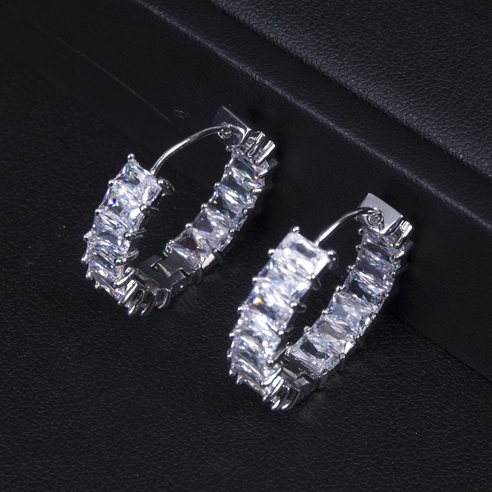 Stacked Birthstone Eternity Rectangular Zircon Style Full Zirconium Round Earrings - Platinum - Earrings - Carvan Mart