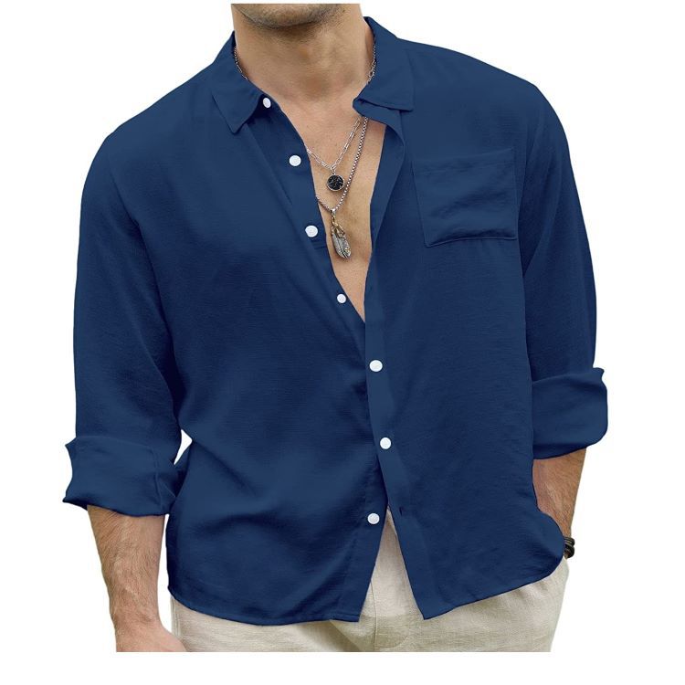 Trendy Linen Button-ups Men's Patchwork Cardigan Long Sleeve Shirt - Carvan Mart