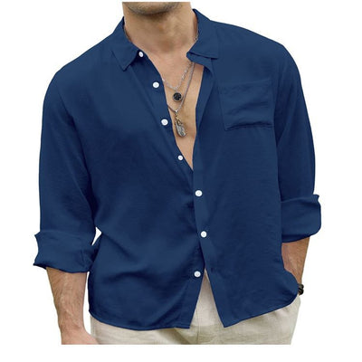 Trendy Linen Button-ups Men's Patchwork Cardigan Long Sleeve Shirt - Navy Blue - Men's Shirts - Carvan Mart