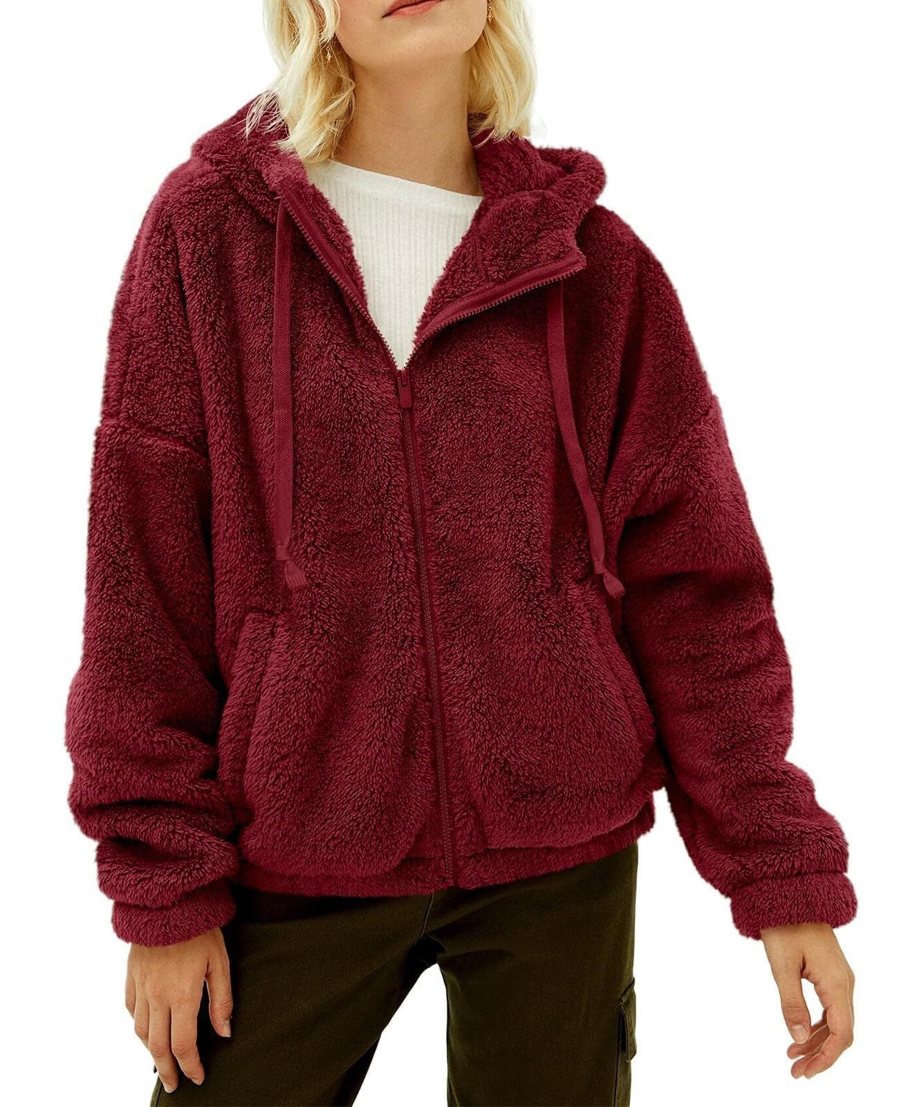 Casual And Comfortable Hooded Loose Zip Plush Pocket Sweatshirt - Burgundy - Women Hoodies & Sweatshirts - Carvan Mart