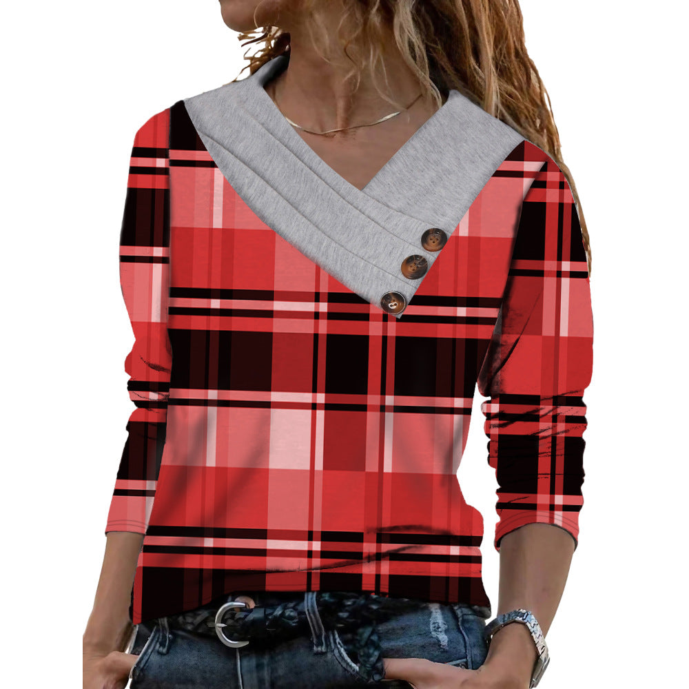 Women's Scarf Collar T-shirt With Long Sleeves Button Top - Red Plaid - Winter Tops - Carvan Mart