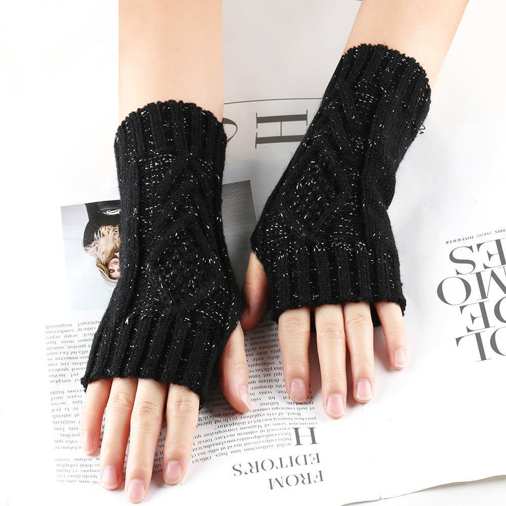 Shiny Silver Silk Knitting Wool Gloves Diamond-shaped Missing Finger - Black Average Size - Women Gloves & Mittens - Carvan Mart