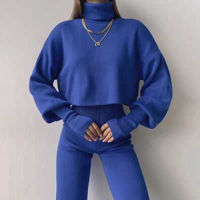 European Turtleneck Loose Long Sleeve Top Female Casual Fashion Suit Set - Blue - Suits & Sets - Carvan Mart