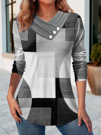 Fashionable Graphic Tees Shirt Blouse Geometric Stitching Casual Fashion V Neck Regular Fit Long Sleeve Top - Carvan Mart