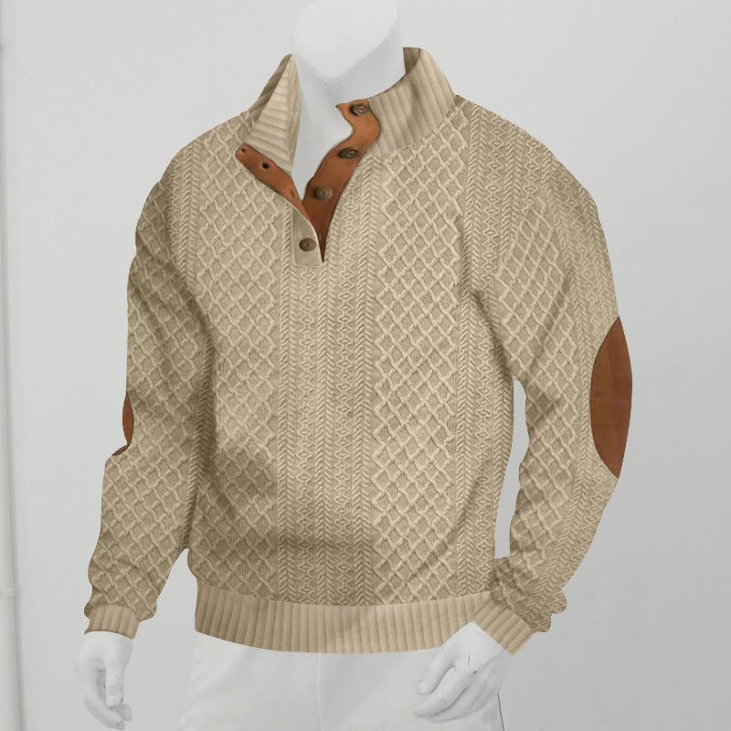 Men's Stand Collar Jumper - Long Sleeve Jacquard Knitted Pullover Sweater - Khaki - Men's Sweaters - Carvan Mart