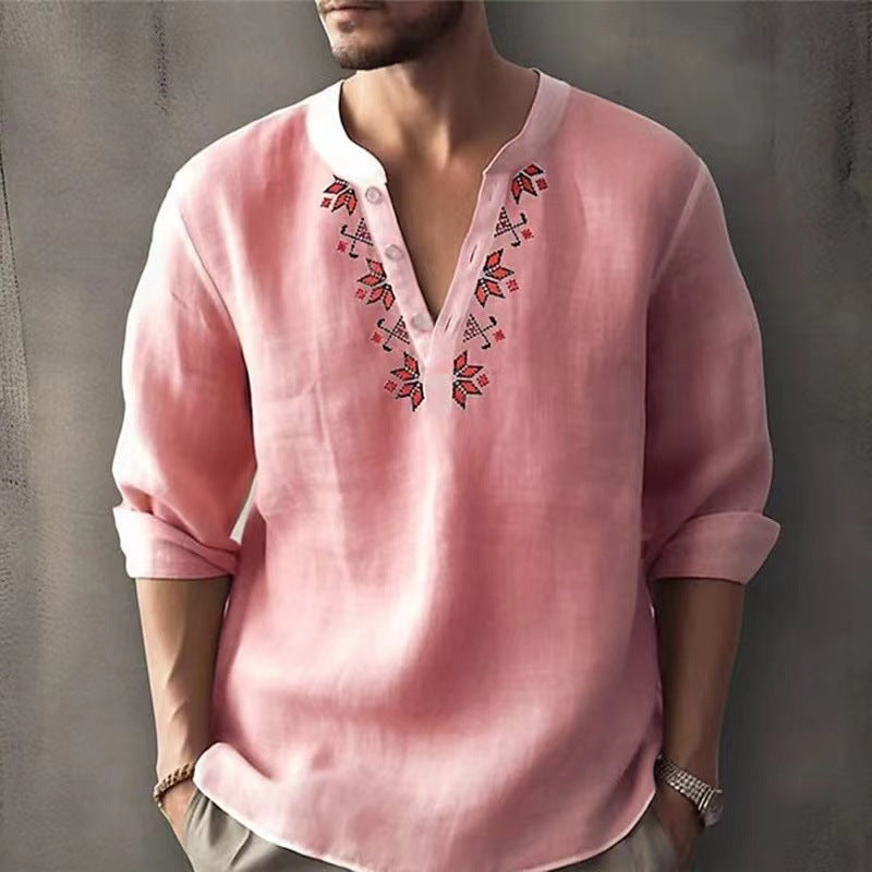 Casual Men's Henley Shirts Loose Shirt Thin Cotton Breathable Linen Tops - Pink - Men's Shirts - Carvan Mart