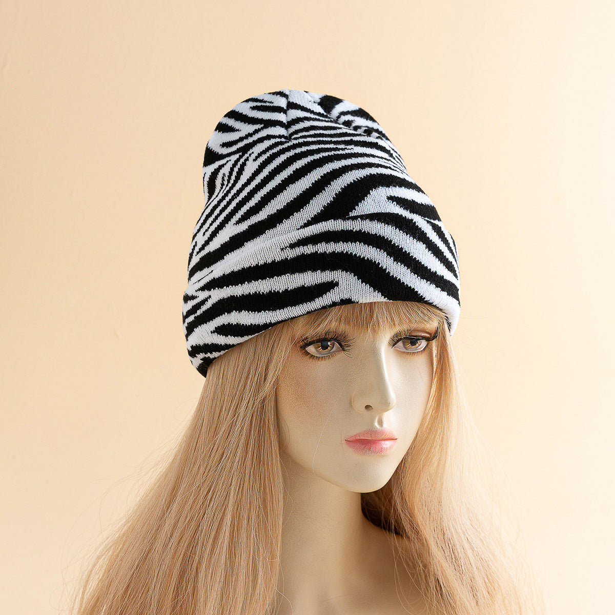 Outdoor Sports Fashionable Pullover Zebra Stripe Flanging Knitted Hat - Black And White Zebra Stripes M - Women's Hats & Caps - Carvan Mart