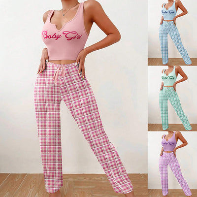 Women's Home Wear Vest Color Matching Plaid Trousers Letter Print Top Pajamas - - Suits & Sets - Carvan Mart