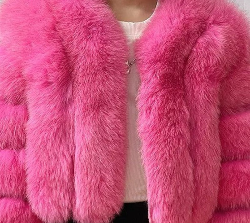 New Women's Coat Short Stitching Long Sleeve Fur Jacket - Rose Red - Leather & Suede - Carvan Mart