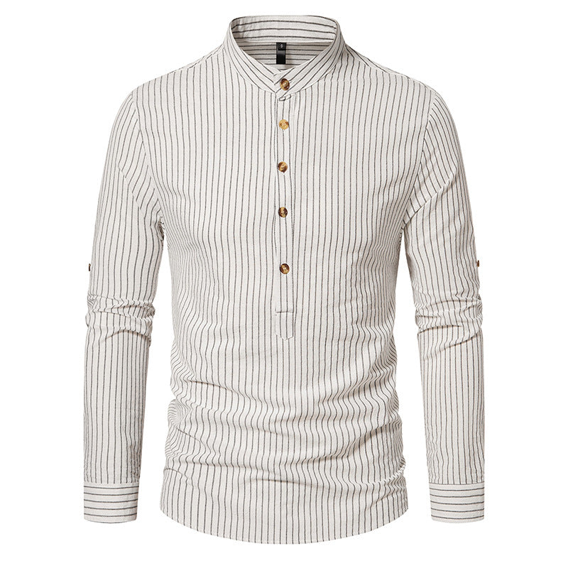 Men's Long-Sleeve Striped Button-Down Shirt - Elegant Cotton Dress Shirt for Any Occasion - White - Men's Shirts - Carvan Mart