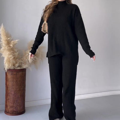 Crew Neck Casual Knitwear Wide Leg Pant Two-piece Suit Set - Black - Suits & Sets - Carvan Mart