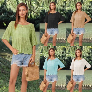 Hollow Fashion Shirt Short Sleeve Casual Women's Knitwear Top - Carvan Mart