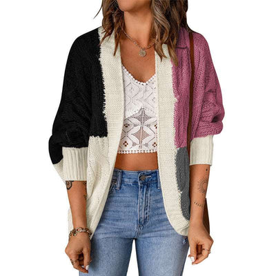 Color Stitching Knitted Cardigan Sweater Outside - Black - Sweaters - Carvan Mart