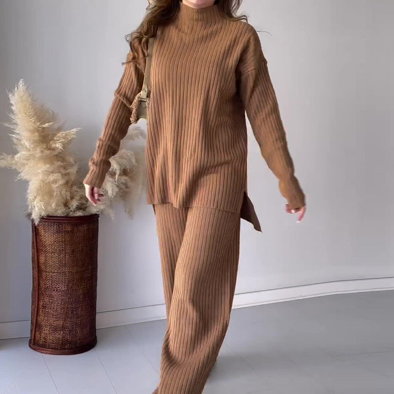 Crew Neck Casual Knitwear Wide Leg Pant Two-piece Suit Set - Camel - Suits & Sets - Carvan Mart