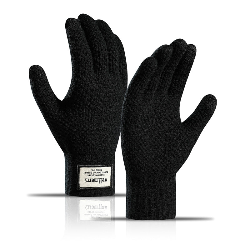 Men's Fashion Velvet Padded Thick Jacquard Warm Wool Touch Screen Gloves - Black L - Men's Gloves - Carvan Mart