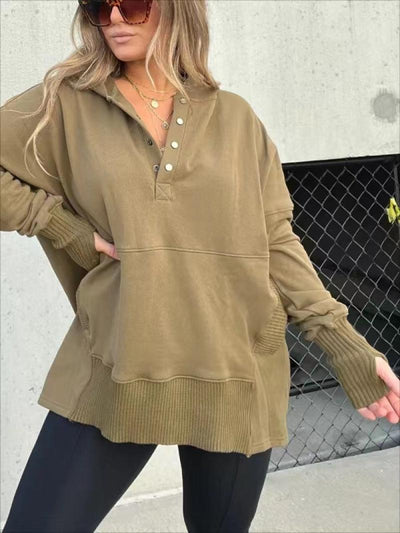 Women Loose Casual Thread Patchwork Top - Olive - Tops & Tees - Carvan Mart