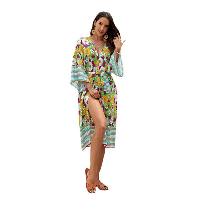 Bohemian Beach Dress Cover Up For Beach Floral Print Kimono Women Dress - - Dresses - Carvan Mart