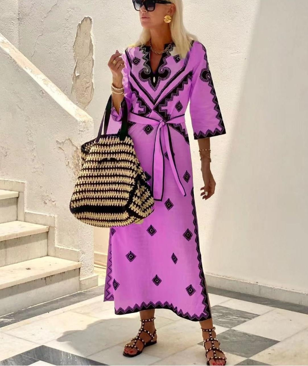 Bohemian Linen Dress Printed Summer Long Dress with Belt - Carvan Mart