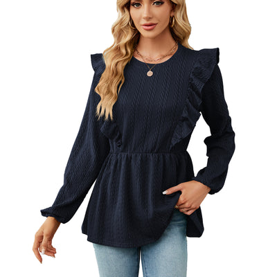 Women's Tops Next Patchwork Round Neck Long-sleeve T-shirt - Navy Blue - Tops & Tees - Carvan Mart