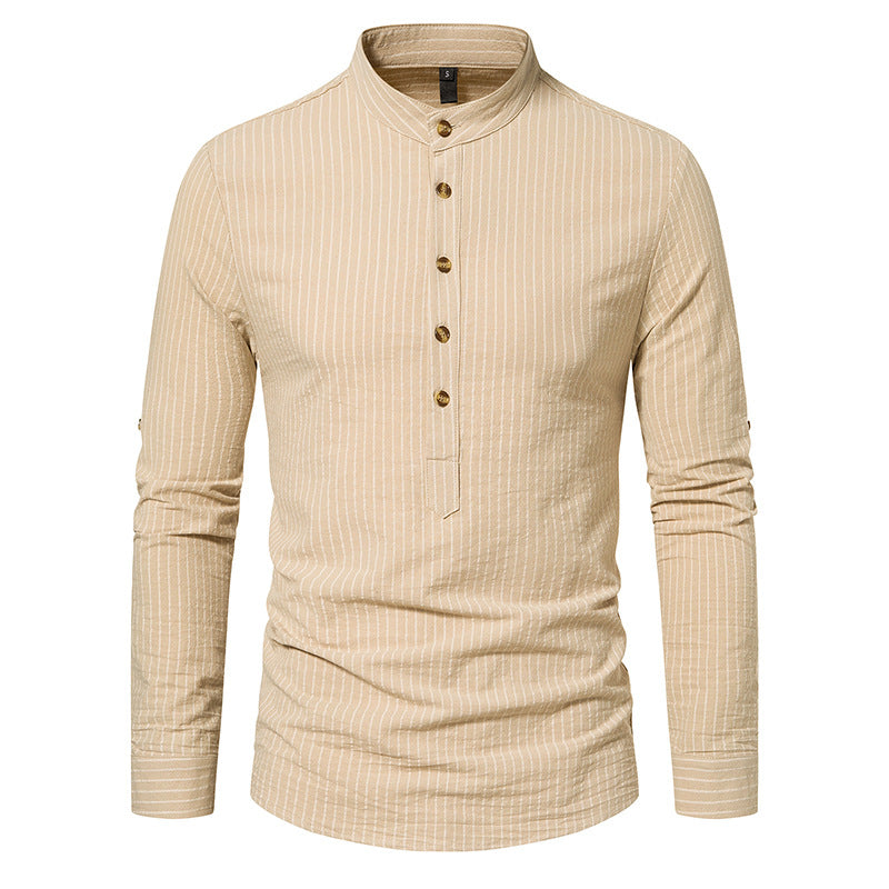 Men's Long-Sleeve Striped Button-Down Shirt - Elegant Cotton Dress Shirt for Any Occasion - Khaki - Men's Shirts - Carvan Mart