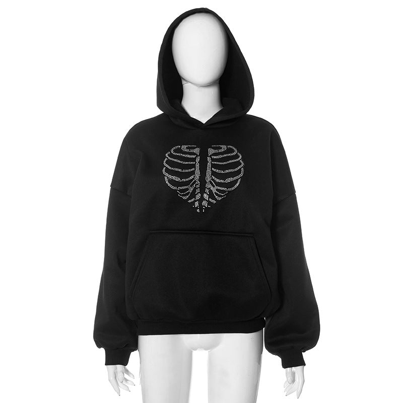 Women's Trendy Skeleton Rhinestone Loose Hooded Sweater - Black - Women Hoodies & Sweatshirts - Carvan Mart