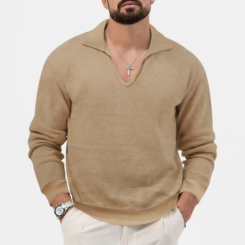 Waffle Casual Men's Henley Shirts Long-sleeved Loose T-shirt - Khaki - Men's Shirts - Carvan Mart