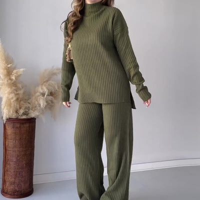 Crew Neck Casual Knitwear Wide Leg Pant Two-piece Suit Set - Green - Suits & Sets - Carvan Mart