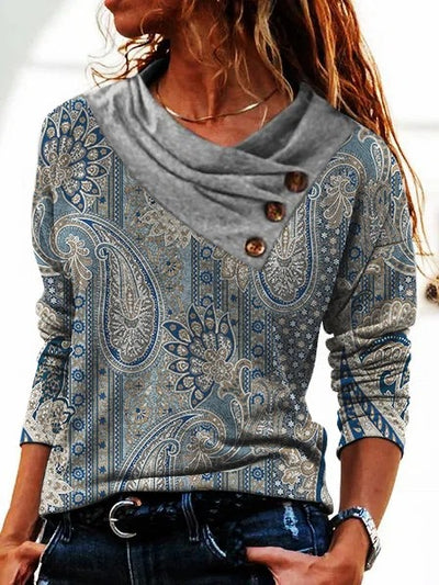 Women's Scarf Collar T-shirt With Long Sleeves Button Top - Gray Printing - Winter Tops - Carvan Mart