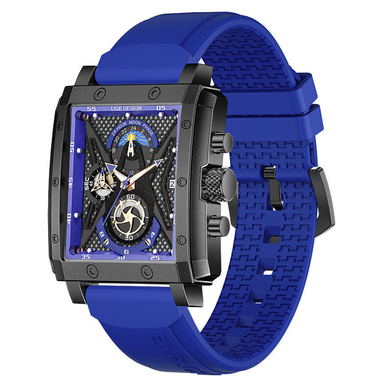 Square Men's Calendar Multifunctional Waterproof Quartz Watch - Tape Blue Black - Women's Watches - Carvan Mart