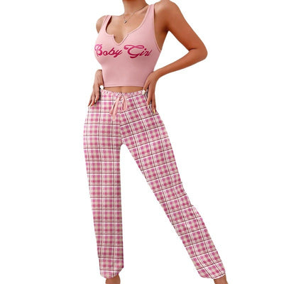 Women's Home Wear Vest Color Matching Plaid Trousers Letter Print Top Pajamas - Carvan Mart