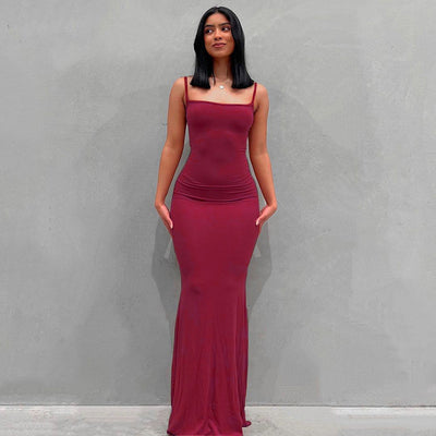 Satin Slip Sleeveless Backless Maxi Dress Bodycon Sexy Women's Dress - Wine Red - Dresses - Carvan Mart