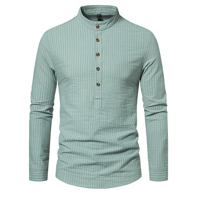 Men's Long-Sleeve Striped Button-Down Shirt - Elegant Cotton Dress Shirt for Any Occasion - Green - Men's Shirts - Carvan Mart