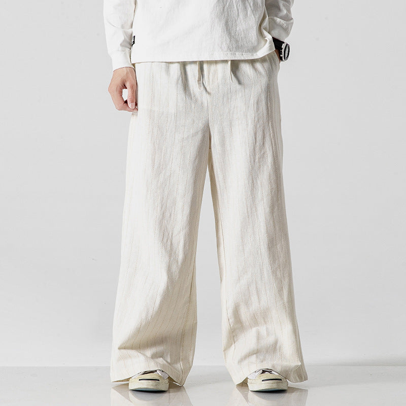 Linen Striped Harem Pants - Stylish High-Waist Wide-leg Trousers for Men - White - Men's Pants - Carvan Mart