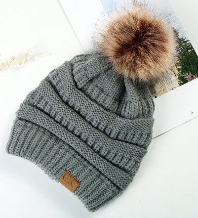 Warm Hat Thickening Not Fleece-lined Knitting Plus Fur Ball - Medium Gray Average Size - Women's Hats & Caps - Carvan Mart