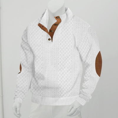 Men's Stand Collar Jumper - Long Sleeve Jacquard Knitted Pullover Sweater - White - Men's Sweaters - Carvan Mart