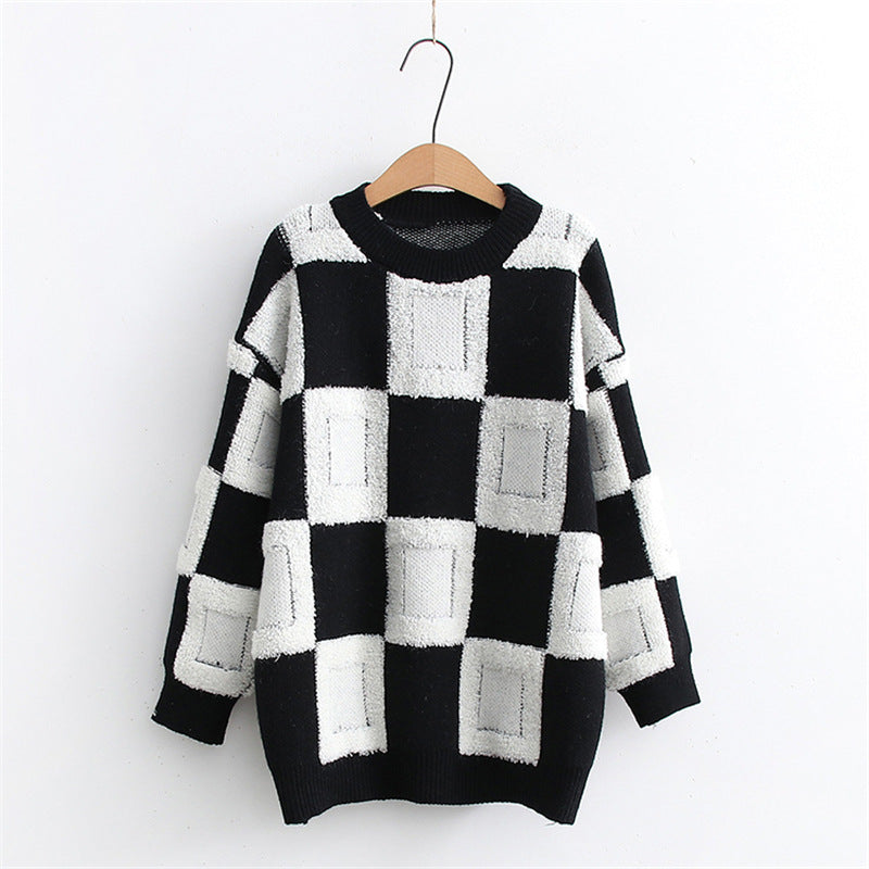 Women's Fashion Casual Chessboard Knitted Pullover Sweater - Black And White Grid - Sweaters - Carvan Mart