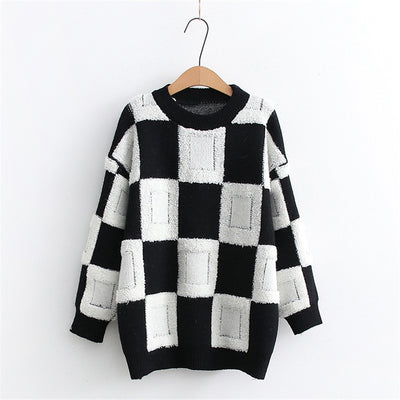 Women's Fashion Casual Chessboard Knitted Pullover Sweater - Carvan Mart
