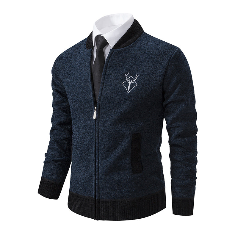 Men's Jacket Slim Stand Collar Elk Embroidered Cardigan Coat - Navy Blue - Men's Jackets & Coats - Carvan Mart