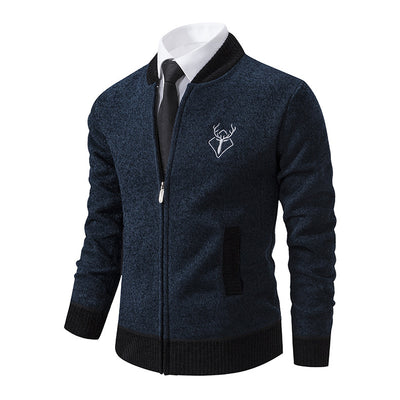 Men's Jacket Slim Stand Collar Elk Embroidered Cardigan Coat - Navy Blue - Men's Jackets & Coats - Carvan Mart