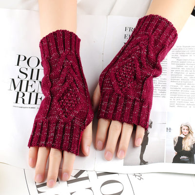 Shiny Silver Silk Knitting Wool Gloves Diamond-shaped Missing Finger - Wine Red Average Size - Women Gloves & Mittens - Carvan Mart