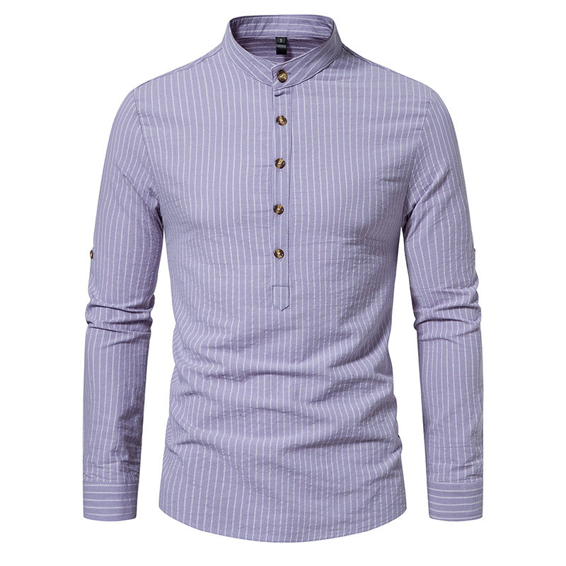 Men's Long-Sleeve Striped Button-Down Shirt - Elegant Cotton Dress Shirt for Any Occasion - Purple - Men's Shirts - Carvan Mart