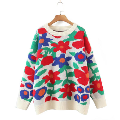 Women's Fashion Embroidered Crew Neck Loose-fitting Long Sleeve Sweater - Carvan Mart