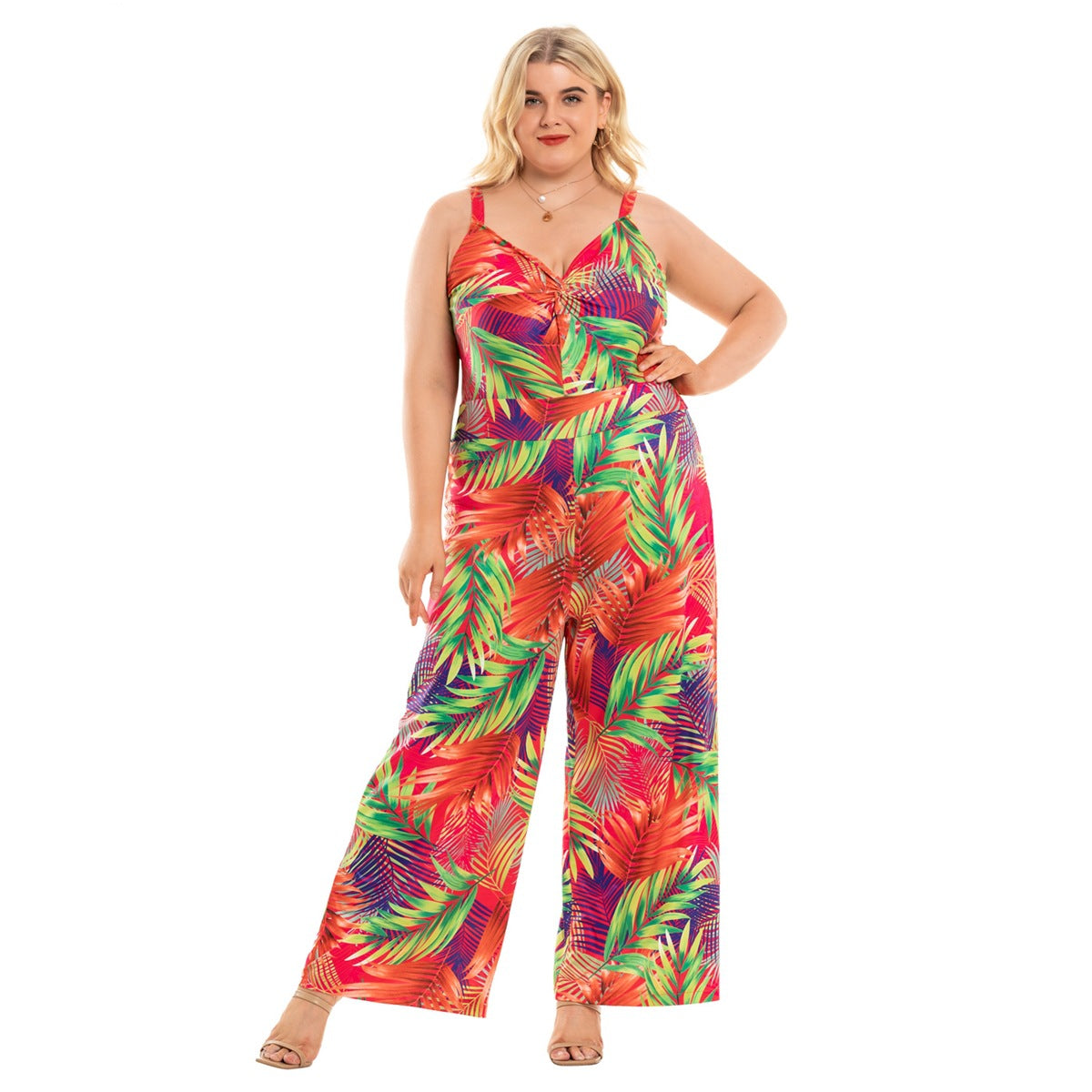 Curvy Women's Fashion Plus Size Suspenders Wide Leg Jumpsuit - Red Green - Jumpsuits & Rompers - Carvan Mart