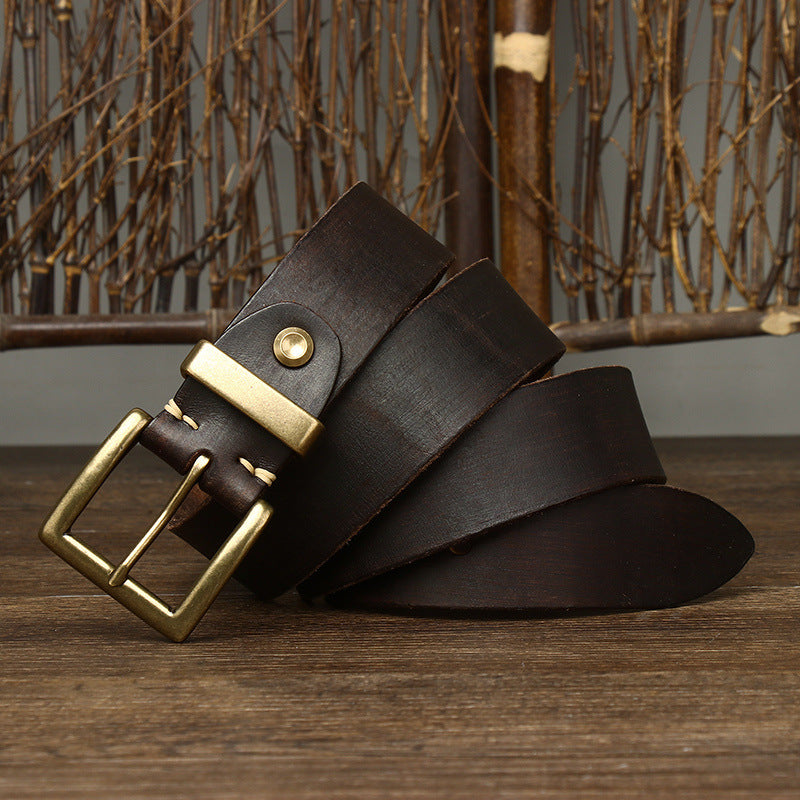 Retro Style Belt Men's Genuine Cattlehide Leather Surface Brass Buckle Denim Overalls Belt - Carvan Mart