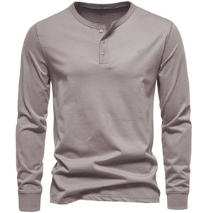 Modern Henley Neck Men's Long-Sleeve T-Shirt - Stylish Cotton Blend Pullover for Men - Gray - Men's Shirts - Carvan Mart