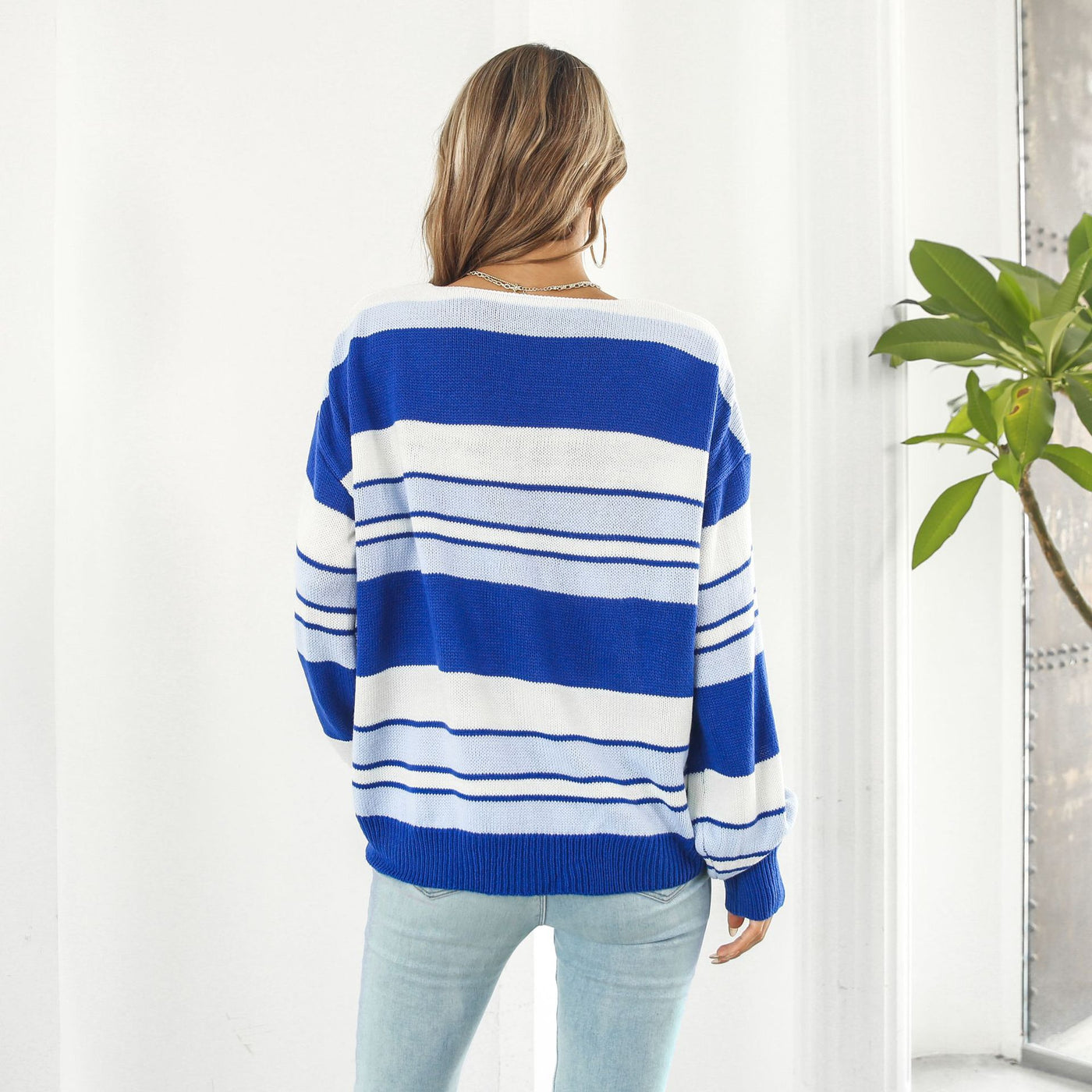 Women's Fashionable Loose Striped V-neck Long-sleeved Sweater - Blue - Winter Tops - Carvan Mart