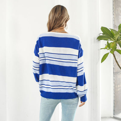 Women's Fashionable Loose Striped V-neck Long-sleeved Sweater - Blue - Winter Tops - Carvan Mart