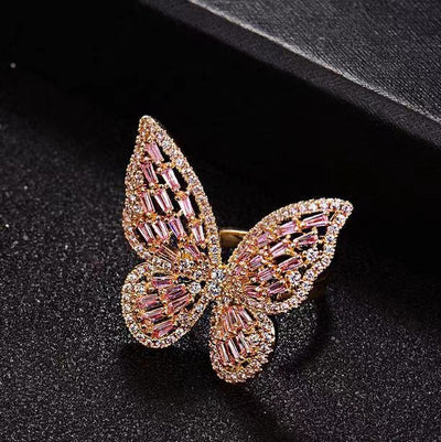 Women's Fashion Dignified Hollow Butterfly Shape Gift For Her Ring - Gold Pink Diamond Adjustable Opening - Women's Rings - Carvan Mart