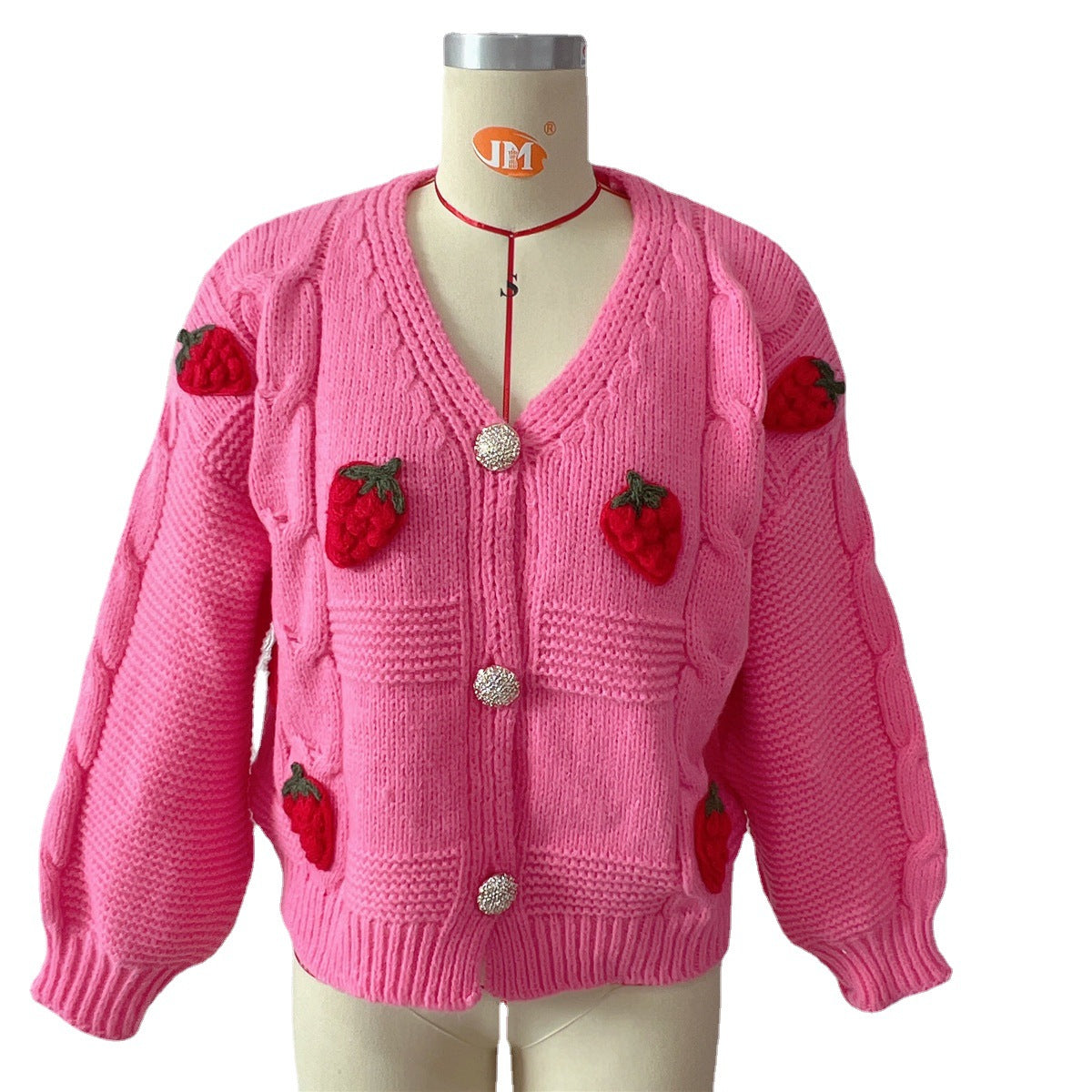 Women's Fashion Casual Loose Strawberry Embroidery Single-breasted Sweater - - Sweaters - Carvan Mart