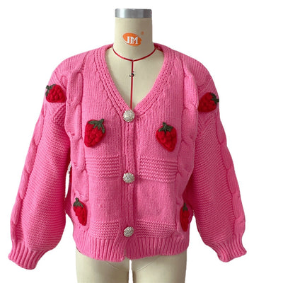 Women's Fashion Casual Loose Strawberry Embroidery Single-breasted Sweater - Carvan Mart